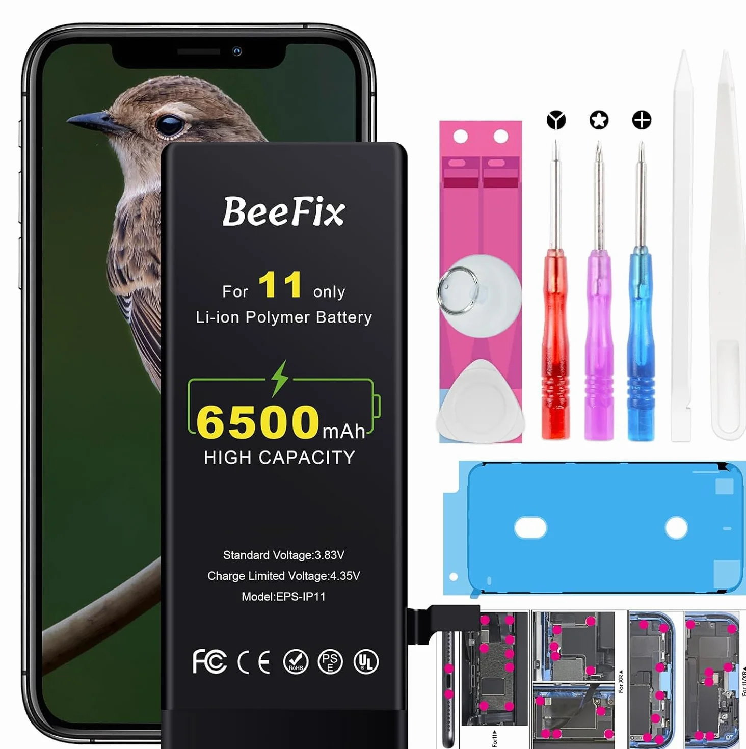 Batterie pour iPhone 11 : Haute capacité 6500mAh Li-ION Battery de Rechange avec Outils de réparation Compatible avec Le modèle A2111, A2221,A2223