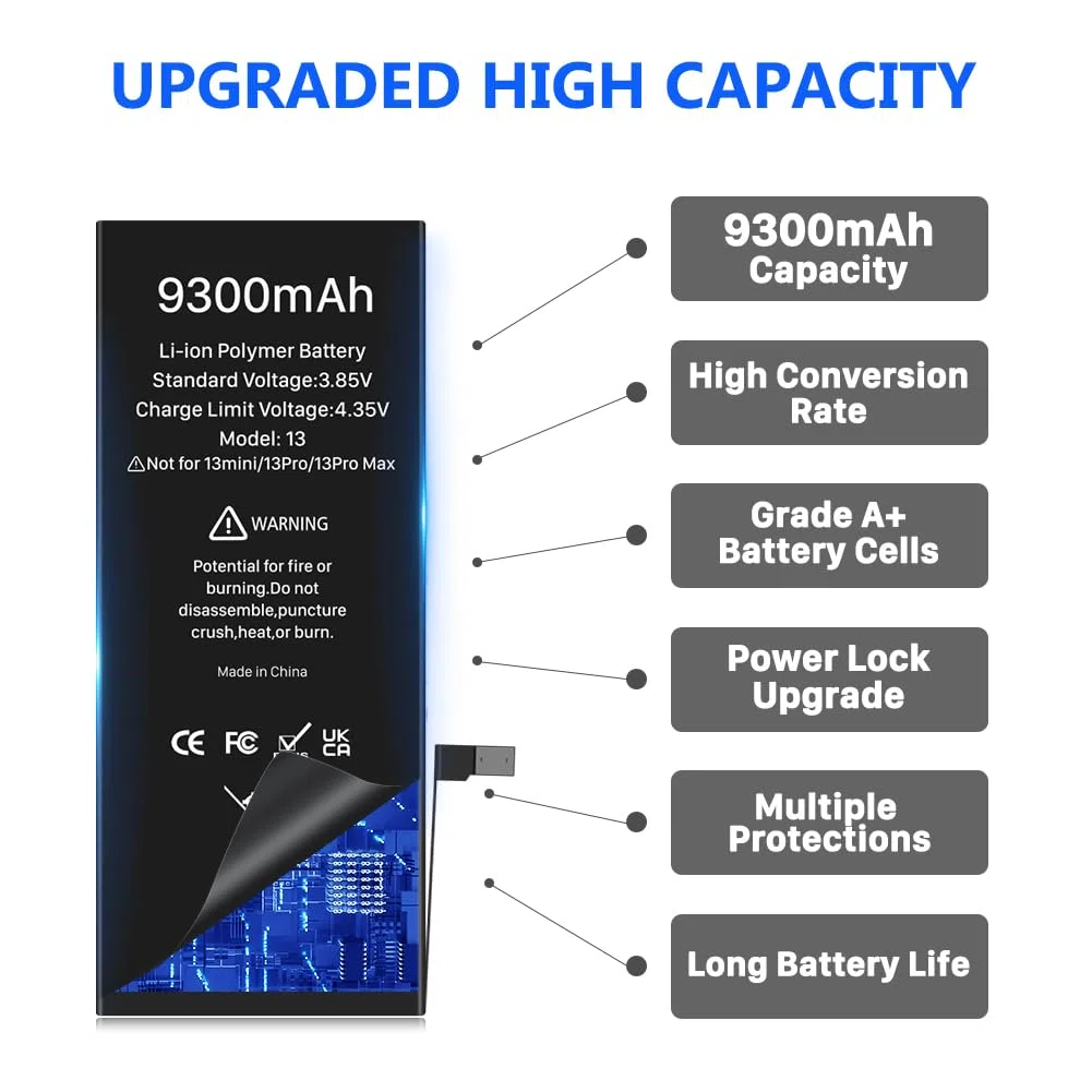 Batterie pour iPhone 13, (2026 Nouvelle Version) 9300mAh Haute Capacité Batterie de Remplacement pour modèle A2633 A2631 A2482 A2634 avec kit d'outils de Remplacement