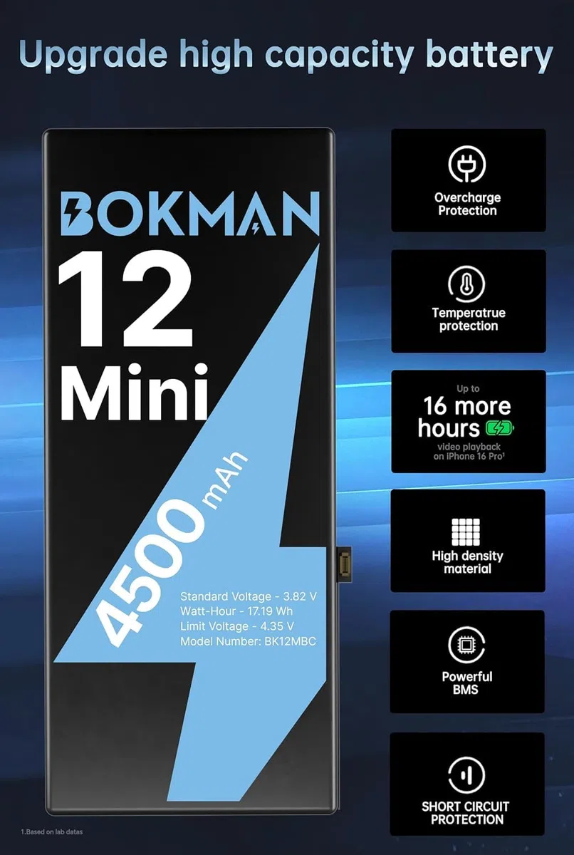 bokman Batterie pour iPhone 12 Mini, 4500mAh Batterie Interne de Remplacement Haute Capacité avec Kit de Réparation, Outils et Bandes Adhésives, Compatible A2176 A2398 A2399 A2400