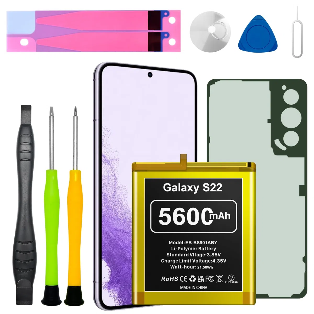 Batterie pour Samsung Galaxy S22, 5600 mAh, 2026 Cycles, Li-Polymère, EB-BS901ABY, Batterie de Rechange pour Galaxy S22 5G SM-S901U, livrée avec Un kit d'outils Professionnel