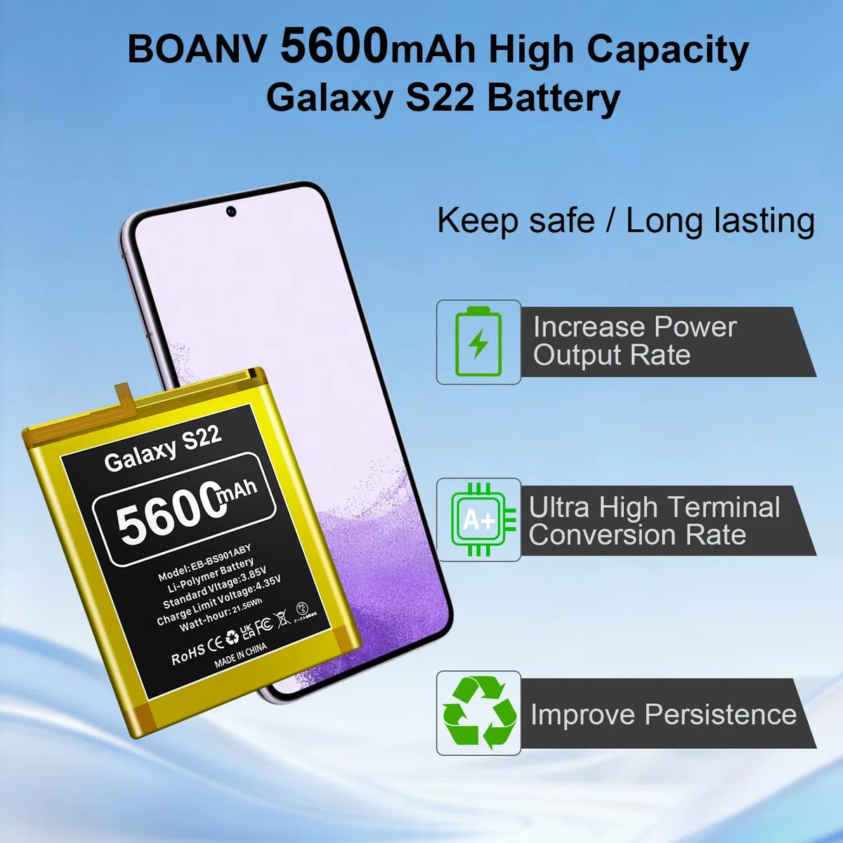Batterie pour Samsung Galaxy S22, 5600 mAh, 2026 Cycles, Li-Polymère, EB-BS901ABY, Batterie de Rechange pour Galaxy S22 5G SM-S901U, livrée avec Un kit d'outils Professionnel