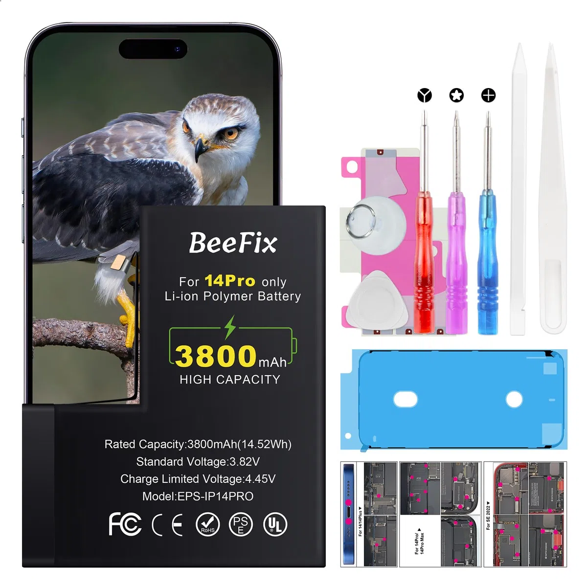 Batterie pour iPhone 14 Pro: Haute capacité 3800mAh Li-ION Battery de Rechange avec Outils de réparation Compatible avec Le modèle A2890 A2650 A2889