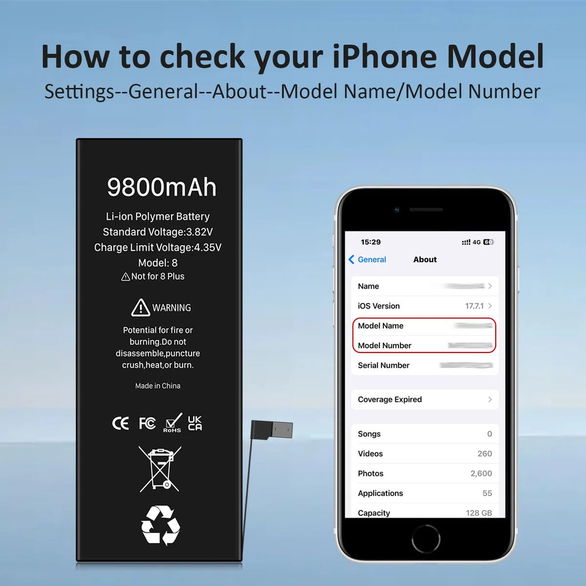 Batterie pour iPhone 8, 9800mAh Nouvelle Mise à Niveau Batterie Haute Capacité de Remplacement pour iPhone 8, A1863, A1905, A1906 avec Kit de Réparation