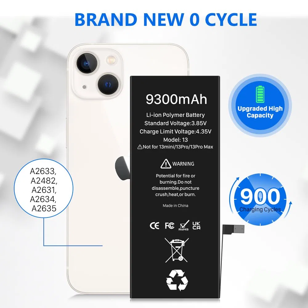 Batterie pour iPhone 13, (2026 Nouvelle Version) 9300mAh Haute Capacité Batterie de Remplacement pour modèle A2633 A2631 A2482 A2634 avec kit d'outils de Remplacement