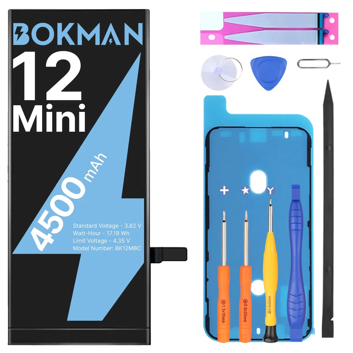 bokman Batterie pour iPhone 12 Mini, 4500mAh Batterie Interne de Remplacement Haute Capacité avec Kit de Réparation, Outils et Bandes Adhésives, Compatible A2176 A2398 A2399 A2400