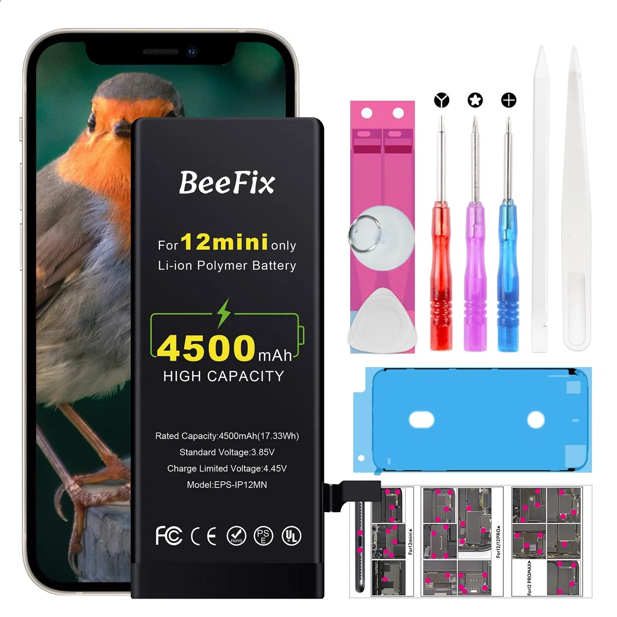 Batterie pour iPhone 12 Mini: Haute capacité 4500mAh Li-ION Battery de Rechange avec Outils de réparation Compatible avec Le modèle A2176, A2398, A2400, A2399