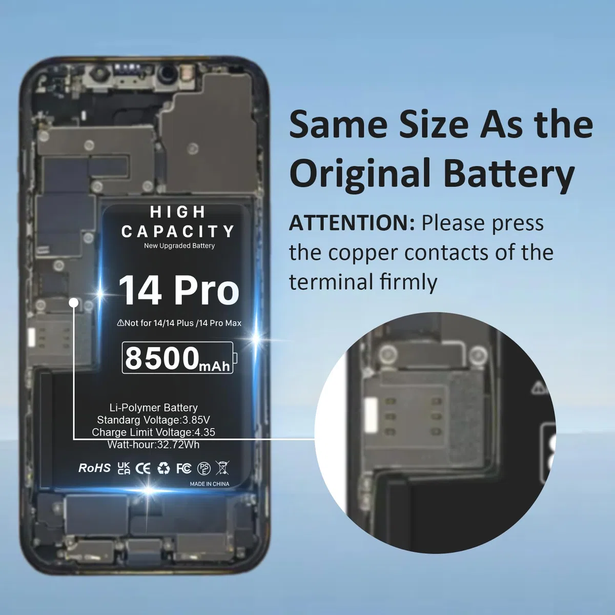 Batterie pour iPhone 14 Pro, 8500mAh Nouvelle Mise à Niveau Batterie Haute Capacité de Remplacement pour iPhone 14 Pro, A2890, A2650, A2889, A2892 avec Kit de Réparation