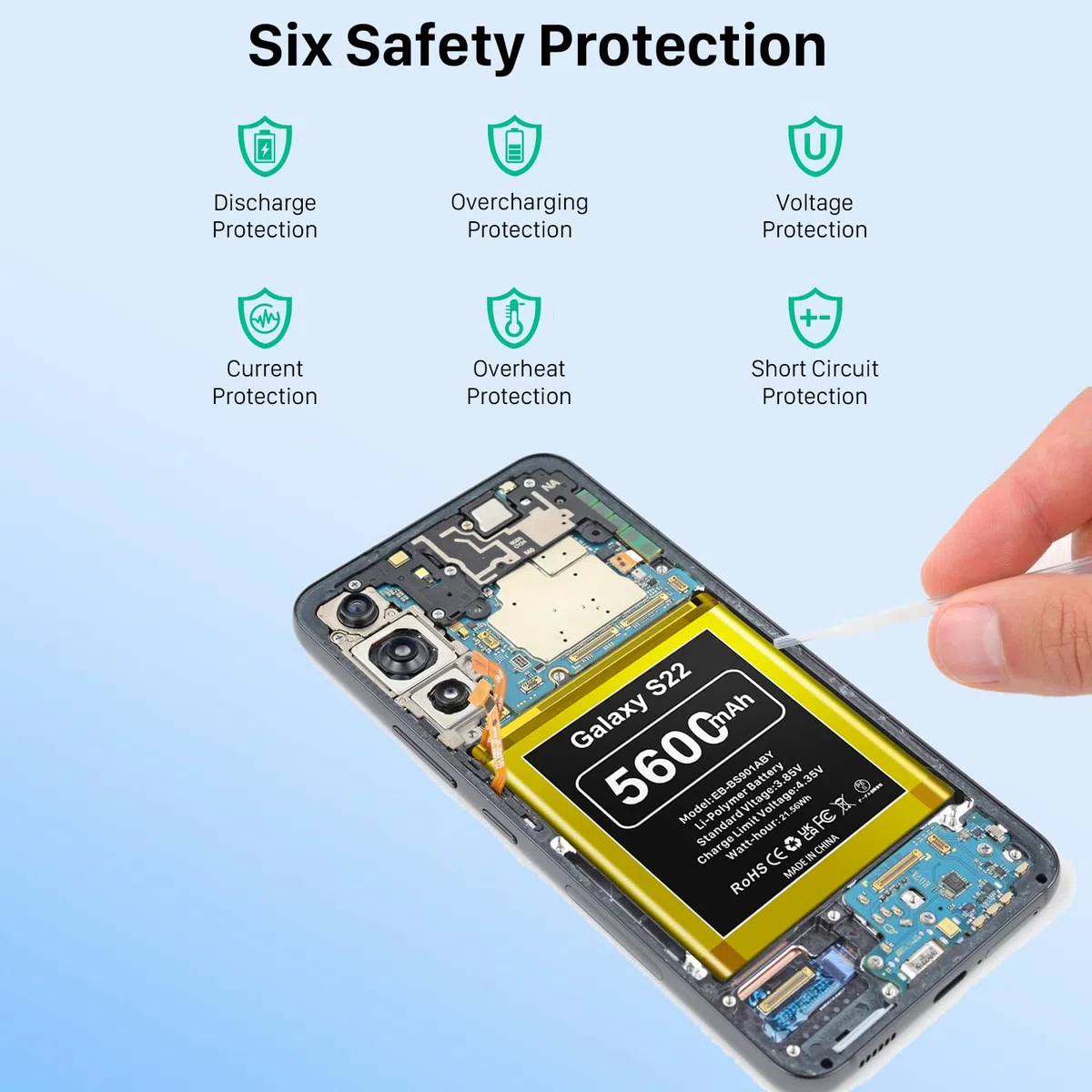 Batterie pour Samsung Galaxy S22, 5600 mAh, 2026 Cycles, Li-Polymère, EB-BS901ABY, Batterie de Rechange pour Galaxy S22 5G SM-S901U, livrée avec Un kit d'outils Professionnel
