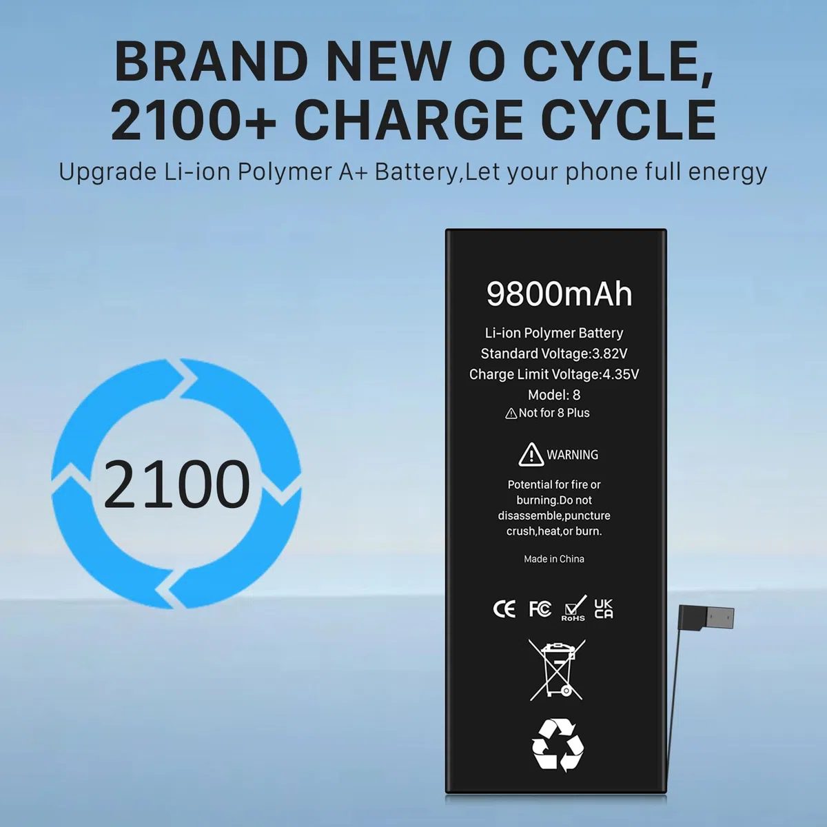 Batterie pour iPhone 8, 9800mAh Nouvelle Mise à Niveau Batterie Haute Capacité de Remplacement pour iPhone 8, A1863, A1905, A1906 avec Kit de Réparation
