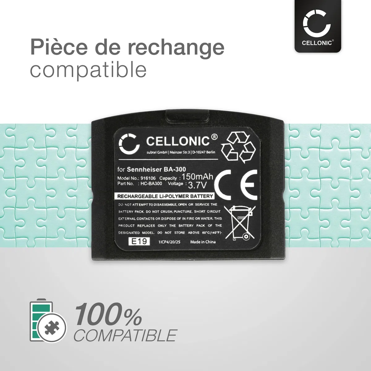CELLONIC 2X Batterie pour Casque Micro Compatible avec Sennheiser RI 840 (Set 840 TV), RR 4200, RI 830 (Set 830 TV), BA 300 - (150mAh, 3.7V)