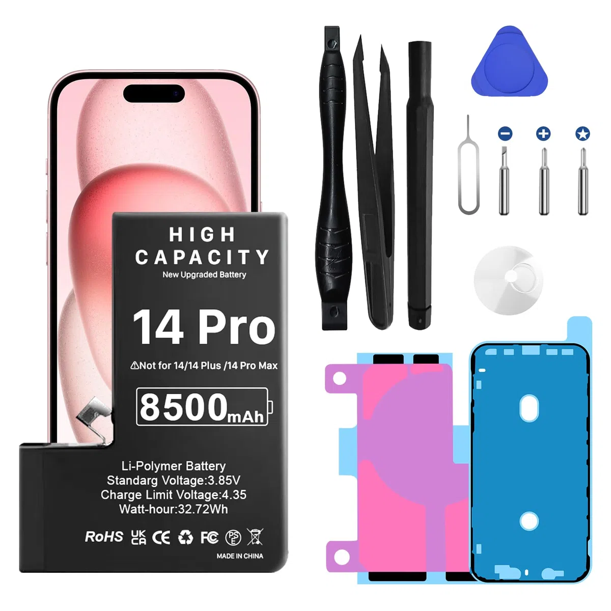 Batterie pour iPhone 14 Pro, 8500mAh Nouvelle Mise à Niveau Batterie Haute Capacité de Remplacement pour iPhone 14 Pro, A2890, A2650, A2889, A2892 avec Kit de Réparation
