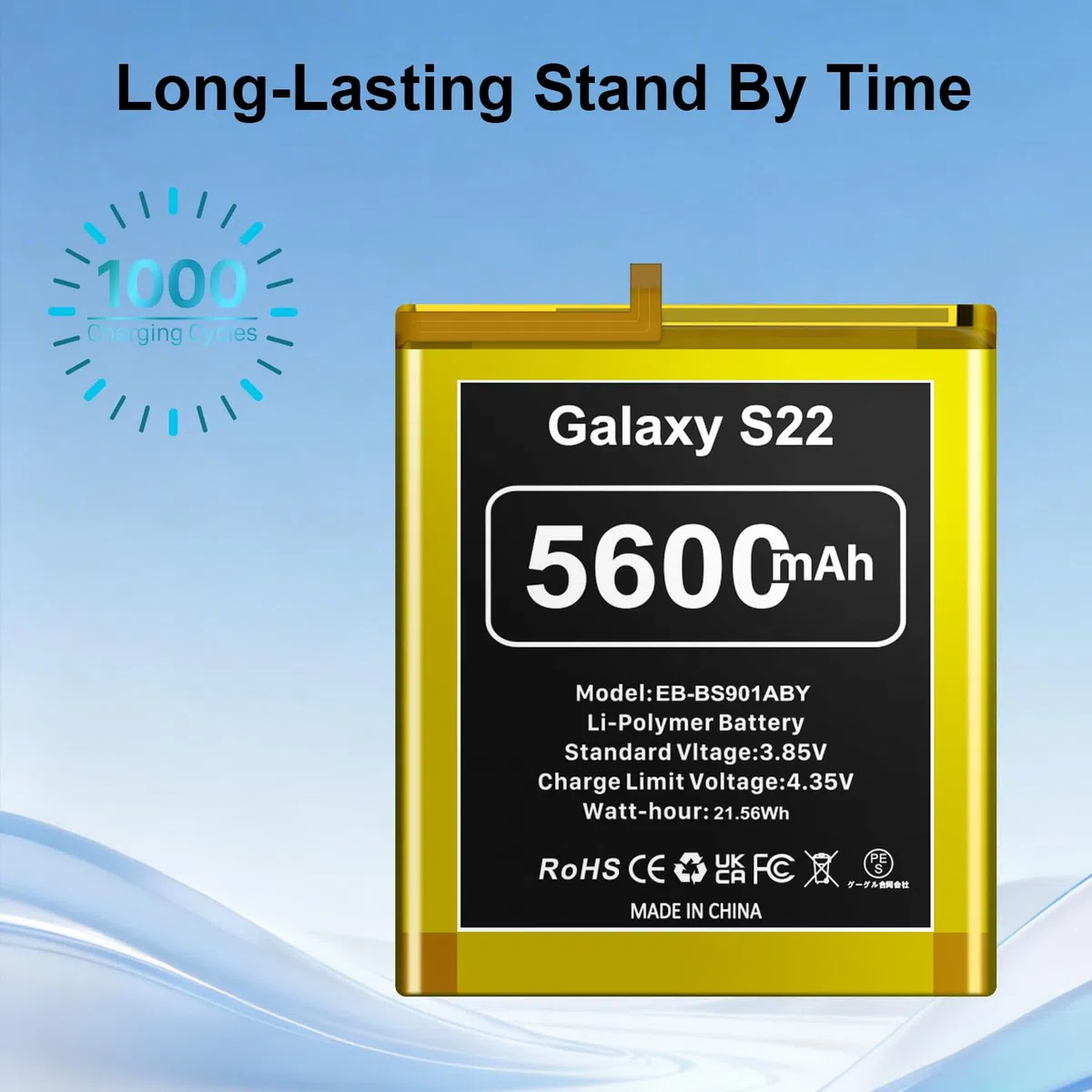 Batterie pour Samsung Galaxy S22, 5600 mAh, 2026 Cycles, Li-Polymère, EB-BS901ABY, Batterie de Rechange pour Galaxy S22 5G SM-S901U, livrée avec Un kit d'outils Professionnel