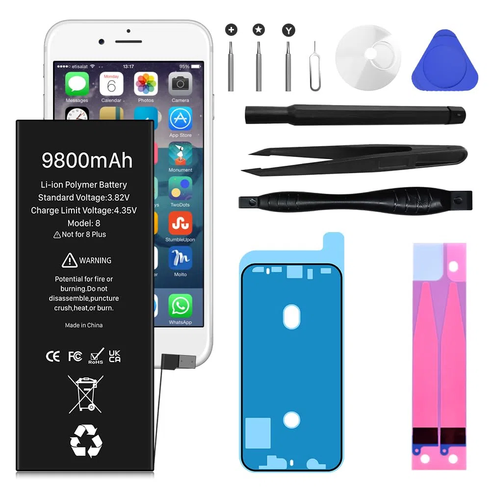Batterie pour iPhone 8, 9800mAh Nouvelle Mise à Niveau Batterie Haute Capacité de Remplacement pour iPhone 8, A1863, A1905, A1906 avec Kit de Réparation