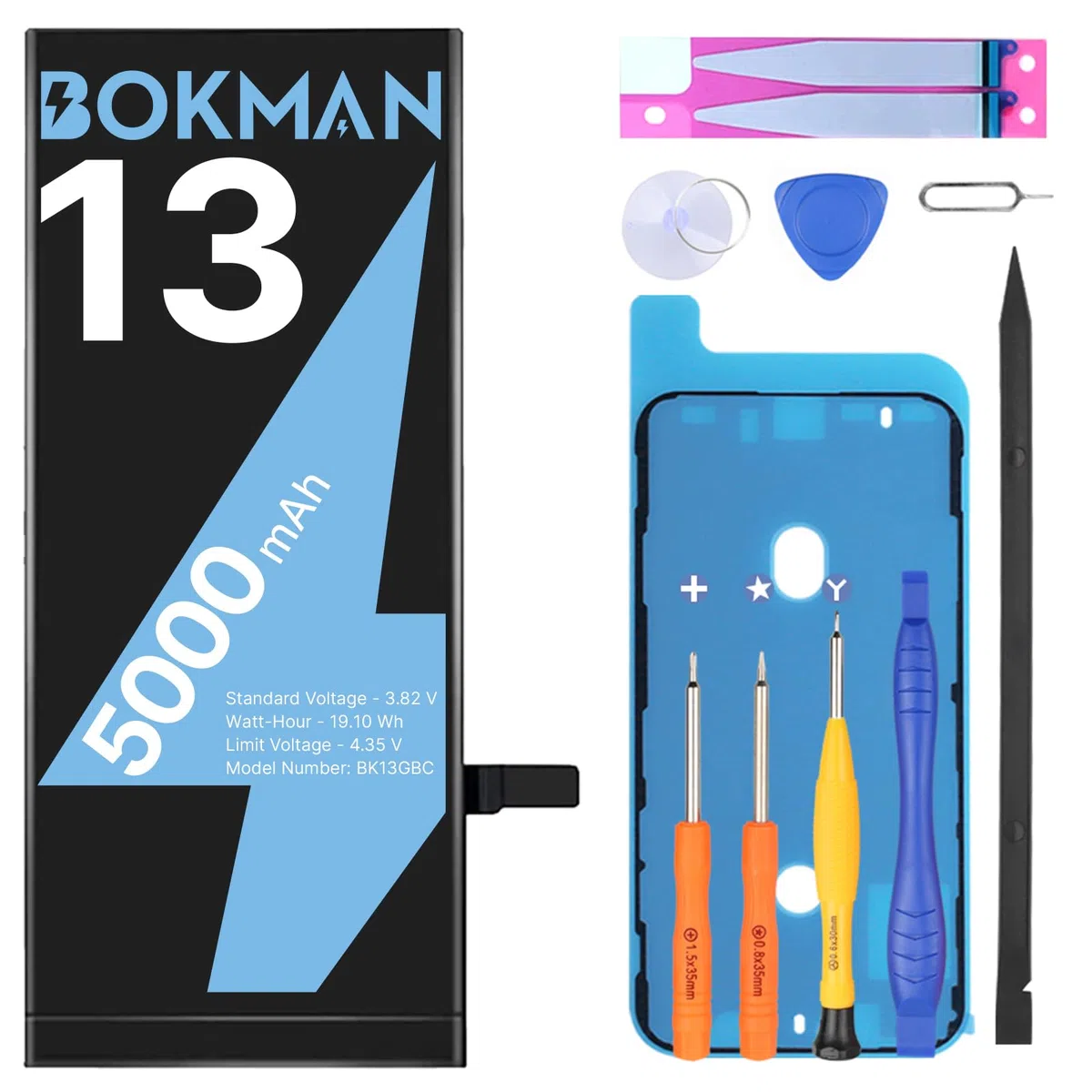 bokman Batterie pour iPhone 13 (5000mAh), Batterie Haute Capacité de Remplacement Interne avec Kit d'Outils de Réparation et Bandes Adhésives, Compatible avec Modèles A2482, A2631, A2633, A2634, A2635